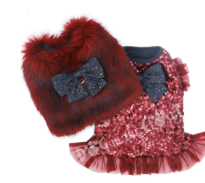 Red Sequin Dress and red fur vest